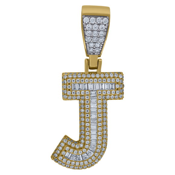 925 Sterling Silver Men Baguette CubicZirconia J Alphabet Initial Charm Pendant